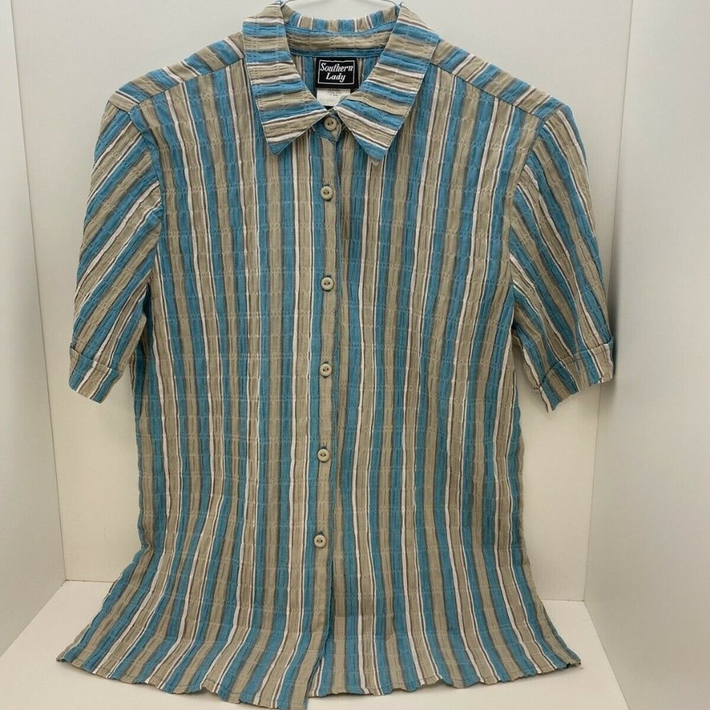 Southern Lady Blouse Size M Teal Gray Stripe Butto